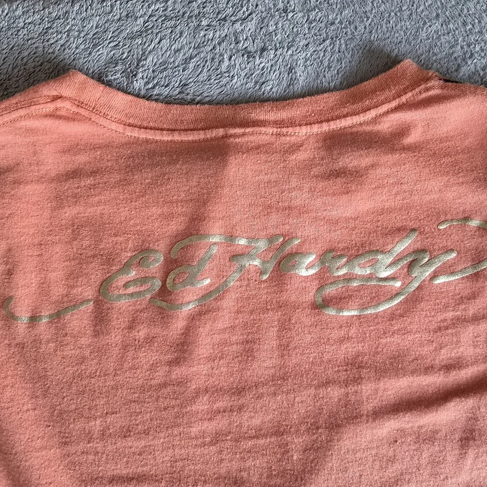 Ed Hardy Coral Pink and Olive Green Long Sleeve Layered Tee - Picture 11 of 14